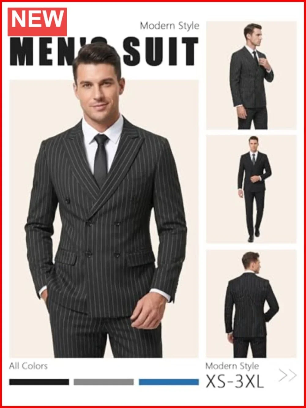 Men's 2 Piece Double-Breasted Slim Fit Stripe Suit Blazer Pants Tie Set